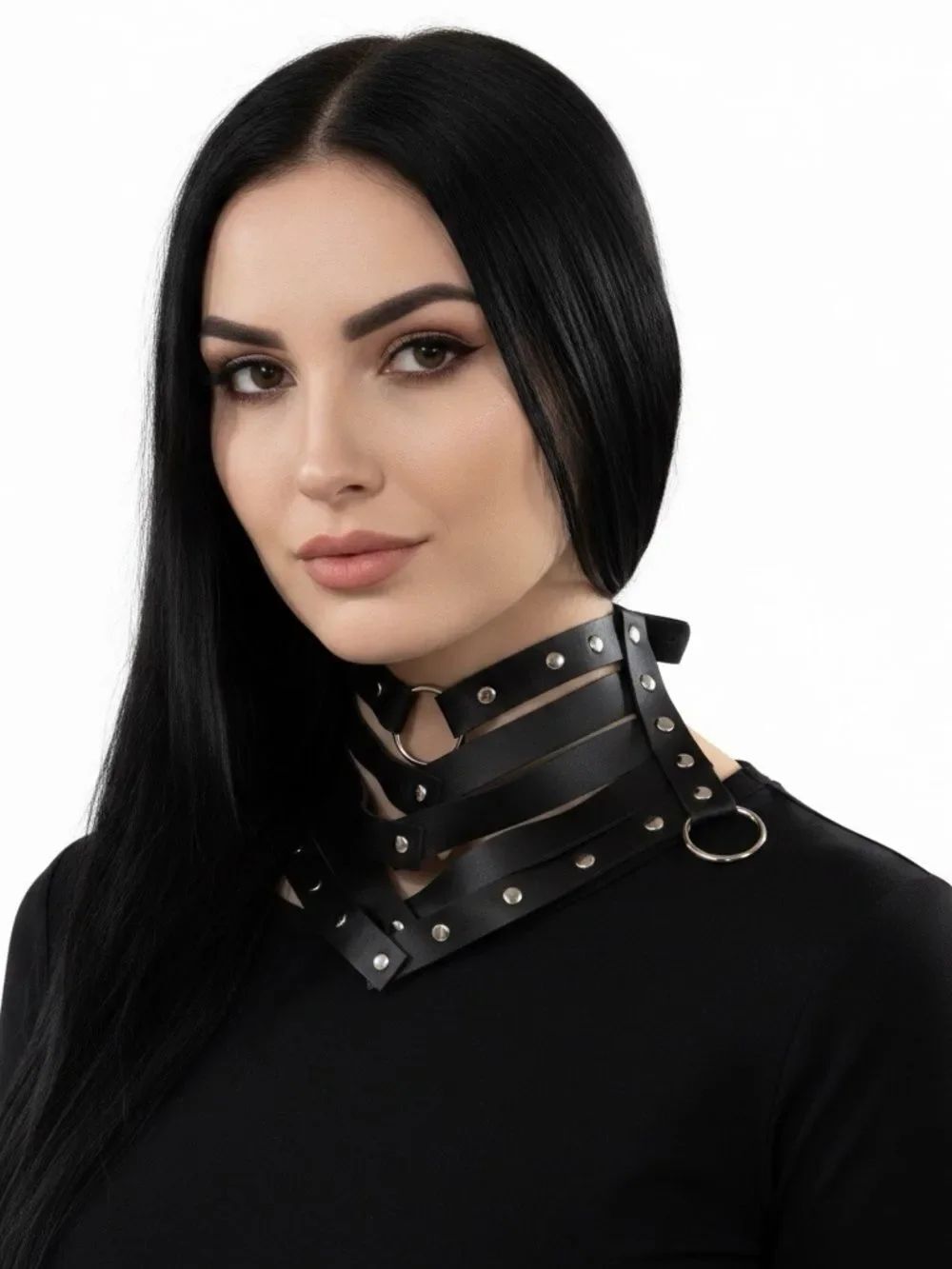 Black Leather Multi Strap Studded Wide Collar Choker